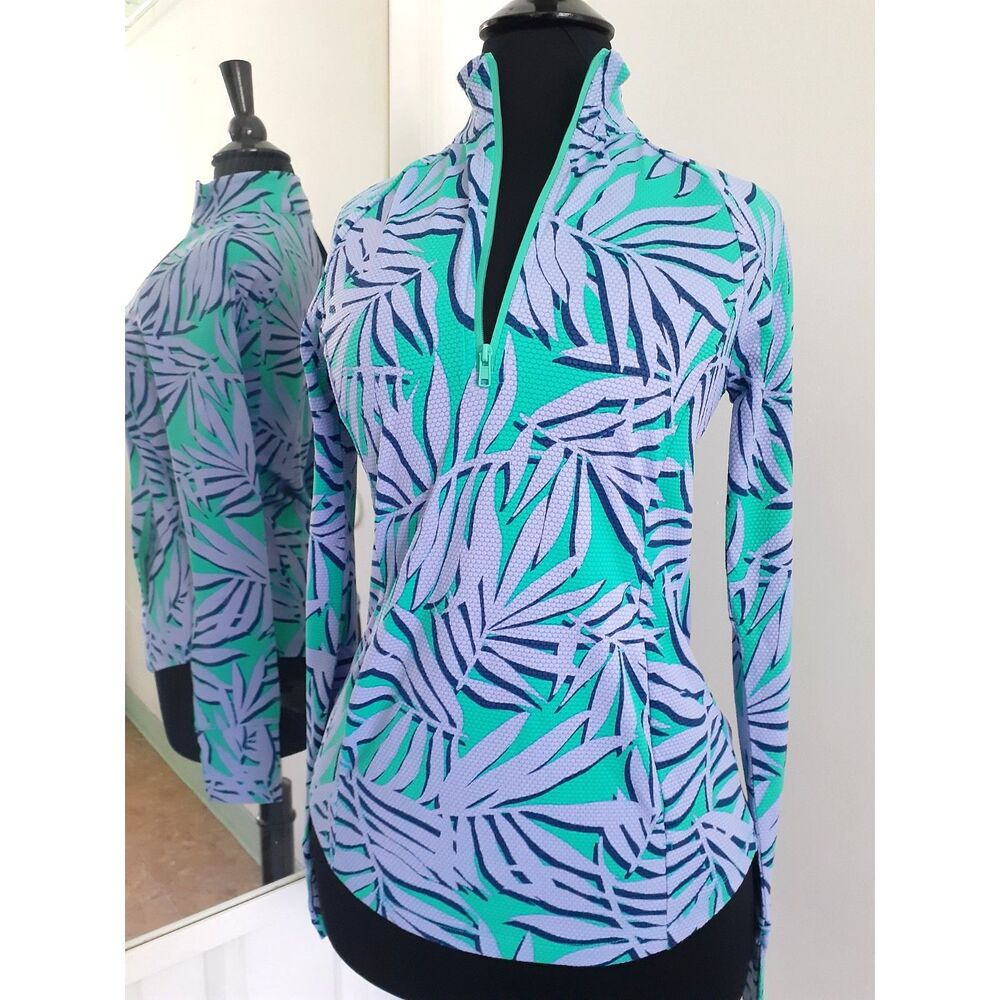 Tommy Bahama Blue Teal Quarter Zip Raglan LS Palm Prints Active Shirt XS NWT